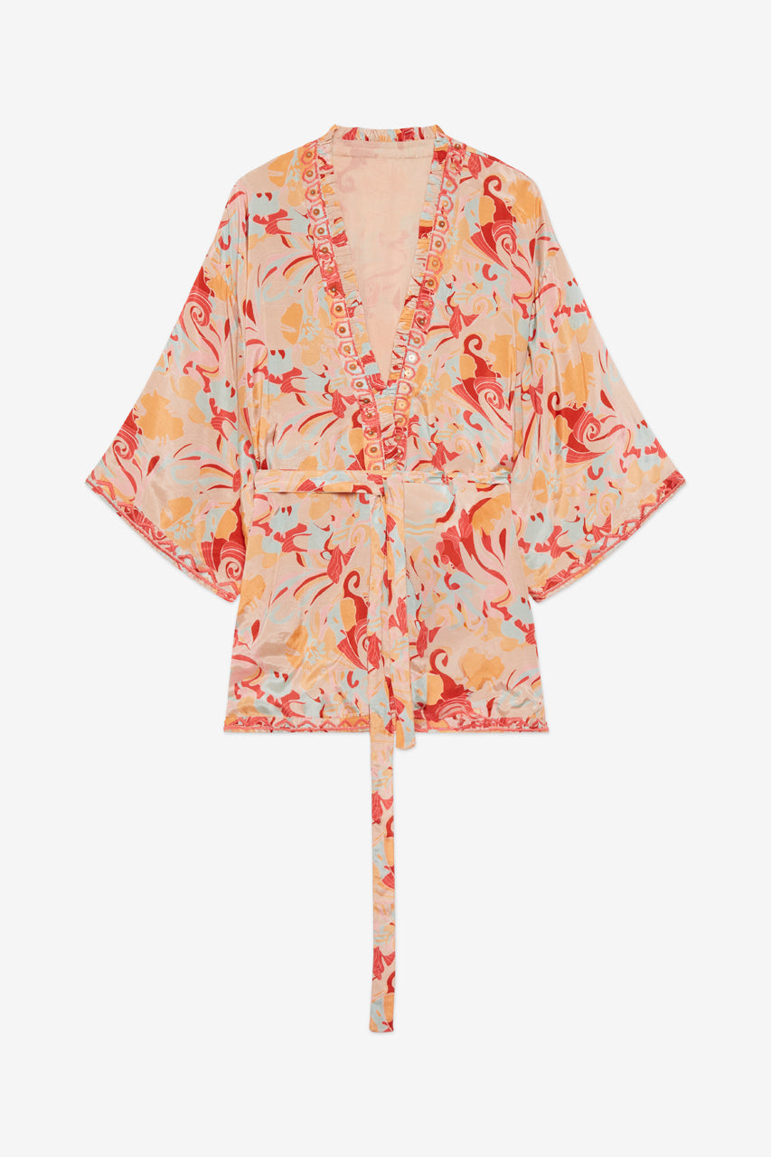EMBROIDERED PRINTED KIMONO - CORAL