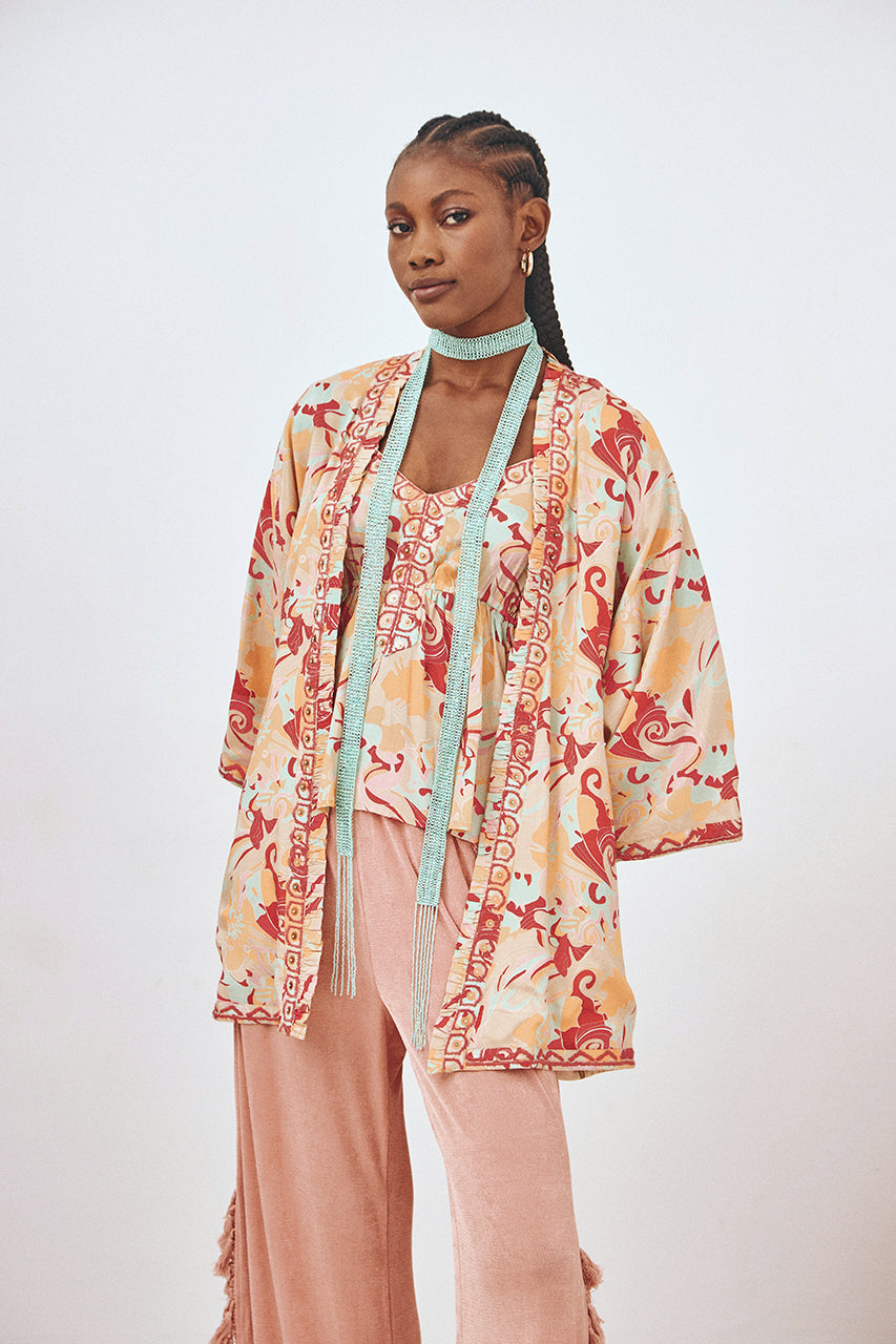 EMBROIDERED PRINTED KIMONO - CORAL