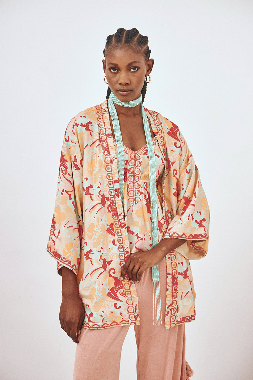 EMBROIDERED PRINTED KIMONO - CORAL