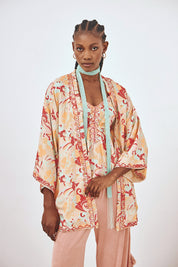 EMBROIDERED PRINTED KIMONO - CORAL