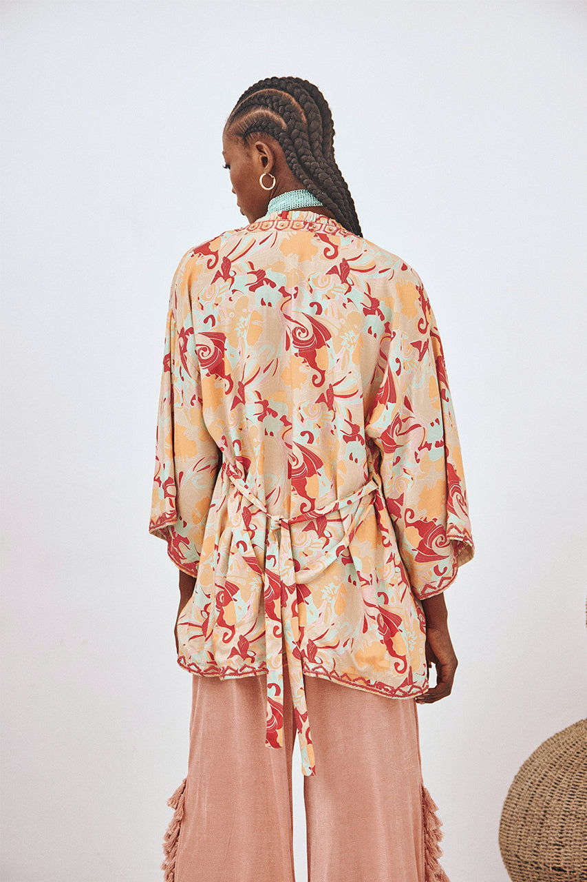 EMBROIDERED PRINTED KIMONO - CORAL