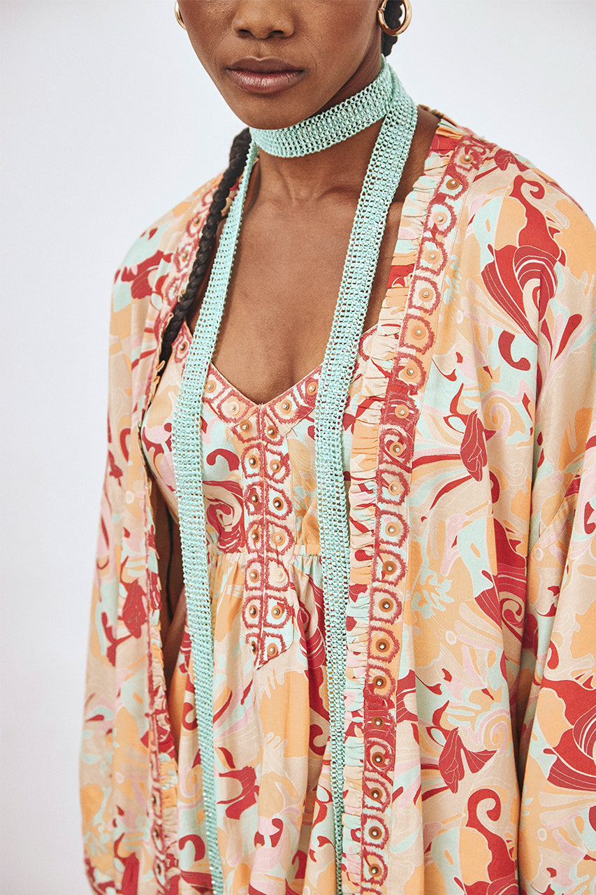 EMBROIDERED PRINTED KIMONO - CORAL