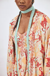 EMBROIDERED PRINTED KIMONO - CORAL