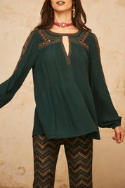 BLUSA OVERSIZE MANGA LARGA ESTAMPADA CON BORDADOS - GREEN
