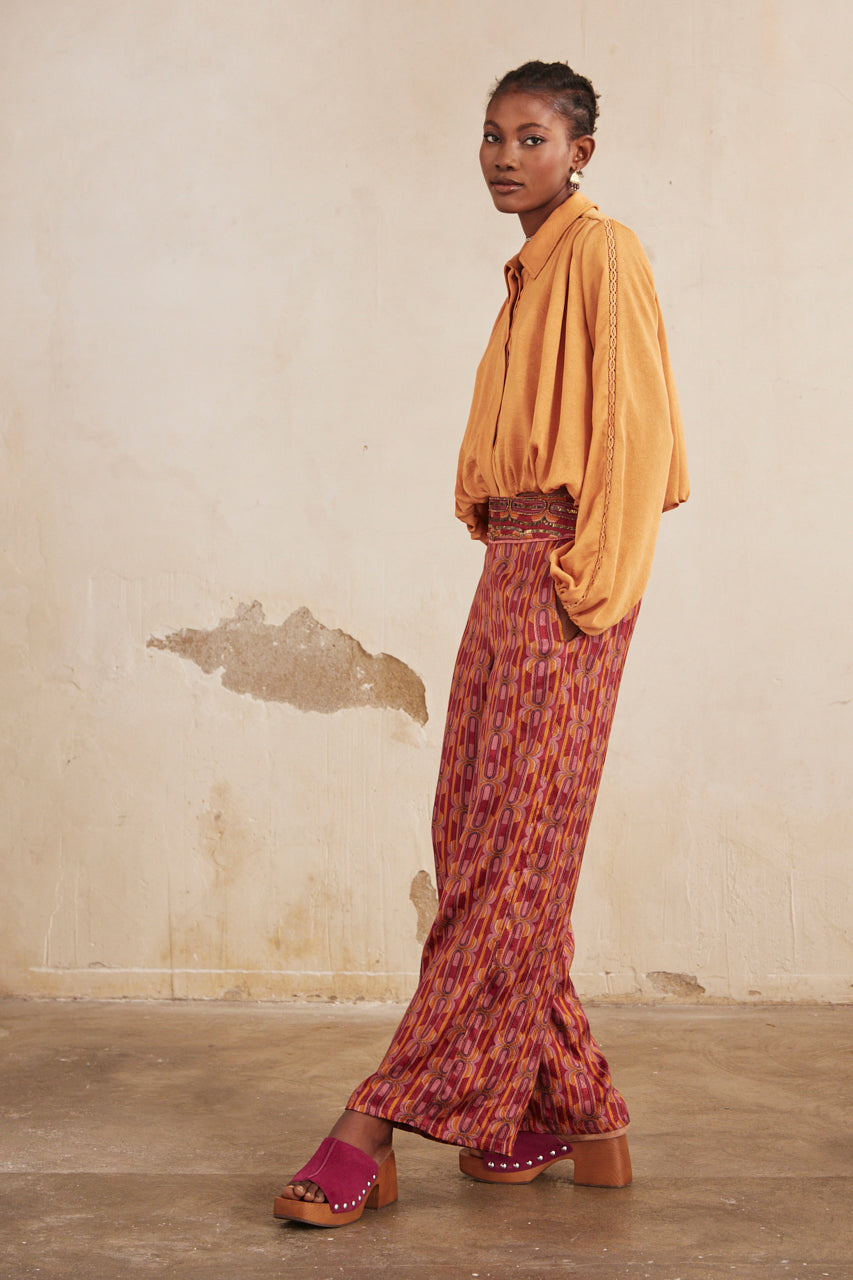PRINTED FLUID STRAIGHT PANTS - MAGENTA