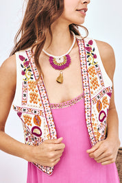 CHALECO BORDADO MULTICOLOR - ROSA