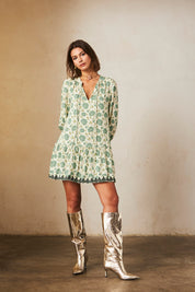 Short dress with long sleeves and embroidery print - ECRU