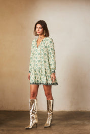 Short dress with long sleeves and embroidery print - ECRU