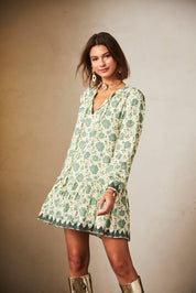 Short dress with long sleeves and embroidery print - ECRU