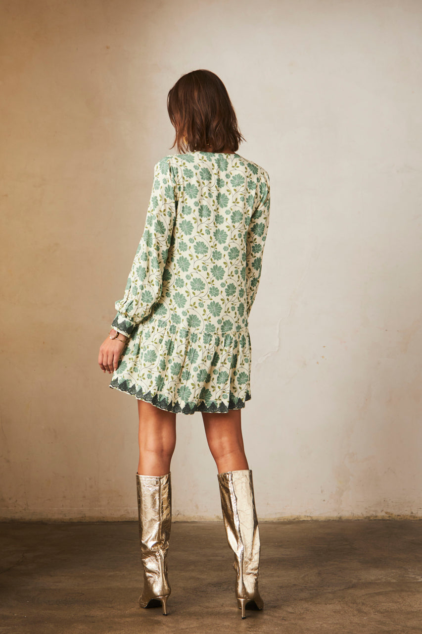 Short dress with long sleeves and embroidery print - ECRU