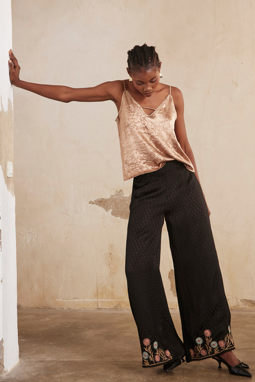 Flowing straight trousers with embroidery - Black