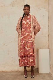 Long-sleeved printed dress with embroidery - nude