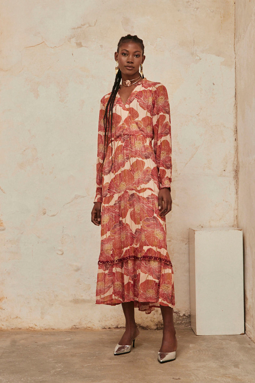 Long-sleeved printed dress with embroidery - nude