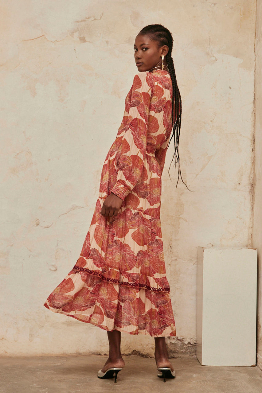 Long-sleeved printed dress with embroidery - nude
