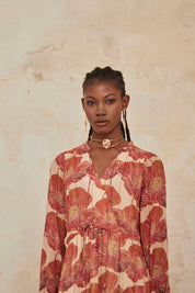Long-sleeved printed dress with embroidery - nude