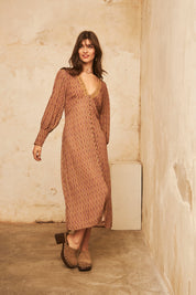 Long-sleeved printed MIDI dress with embroidery - Camel