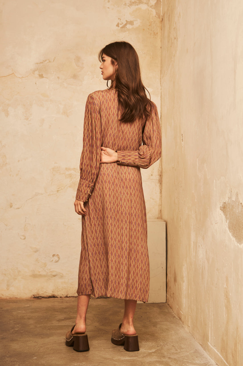 Long-sleeved printed MIDI dress with embroidery - Camel