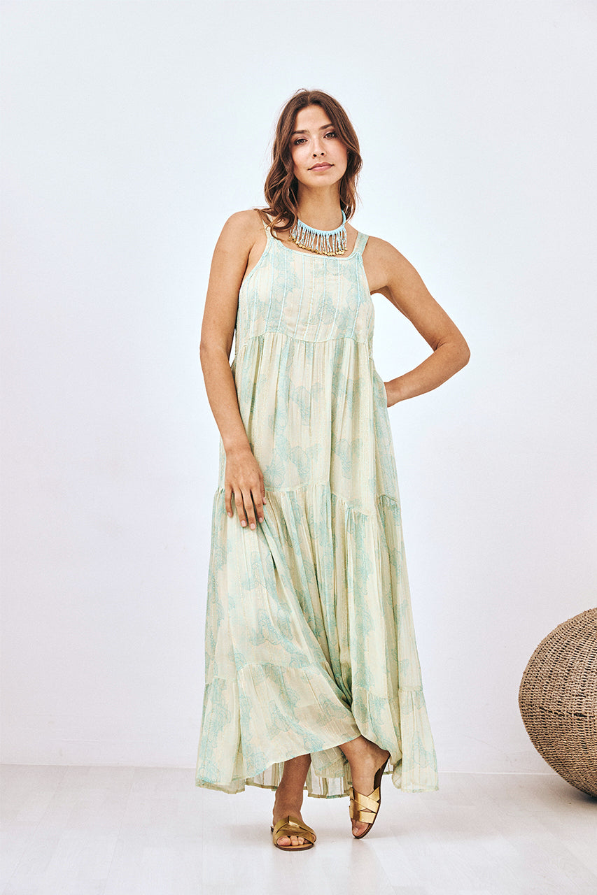 VESTIDO LARGO DE TIRANTES ESTAMPADO - VERDE