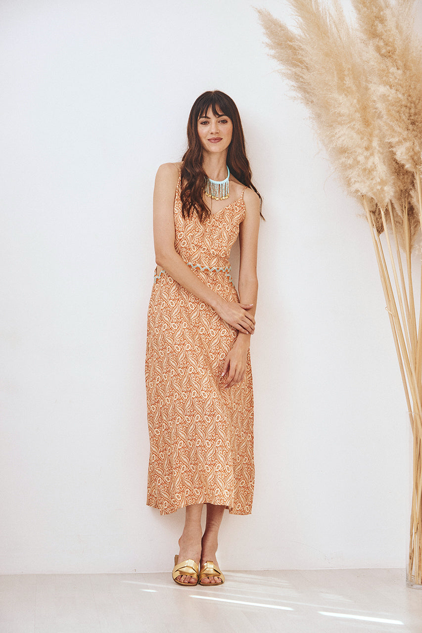 ochre midi dress EMBROIDERED PRINTED CUT-OUT MIDI DRESS