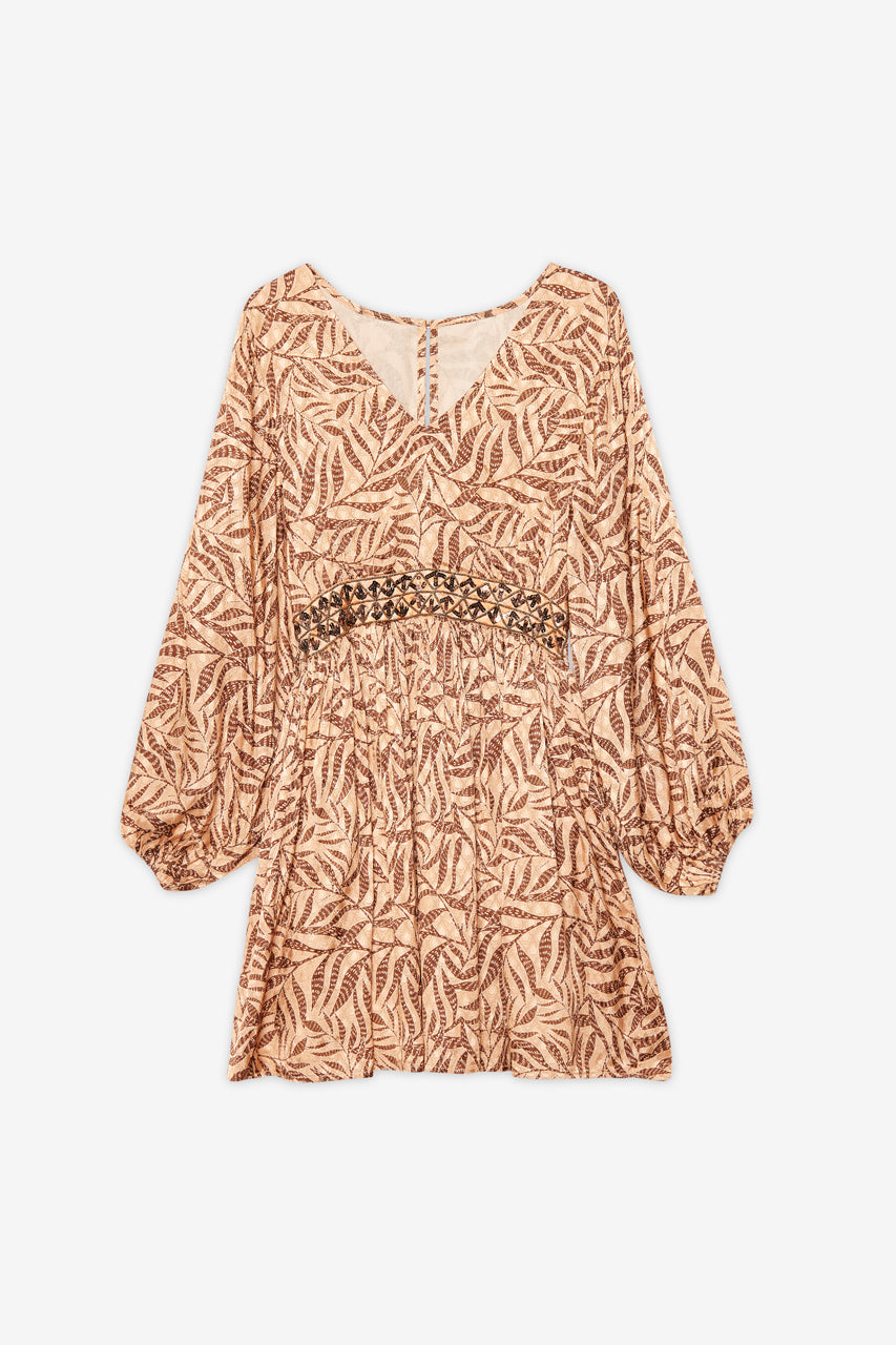 Short dress with long sleeves and rhinestone print - Camel