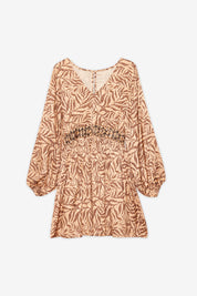 Short dress with long sleeves and rhinestone print - Camel