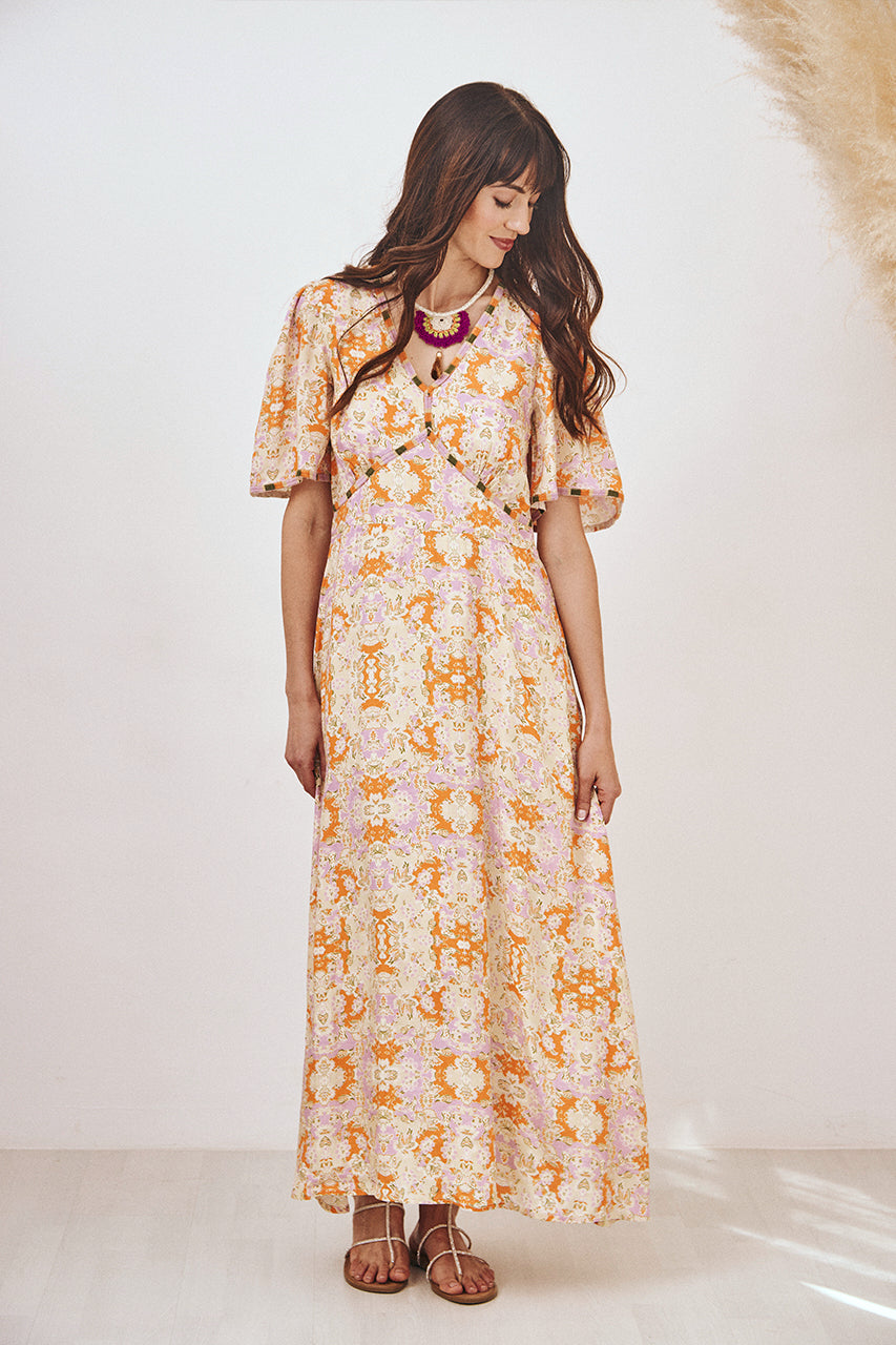 VESTIDO LARGO ESTAMPADO BORDADO PINK L - PINK