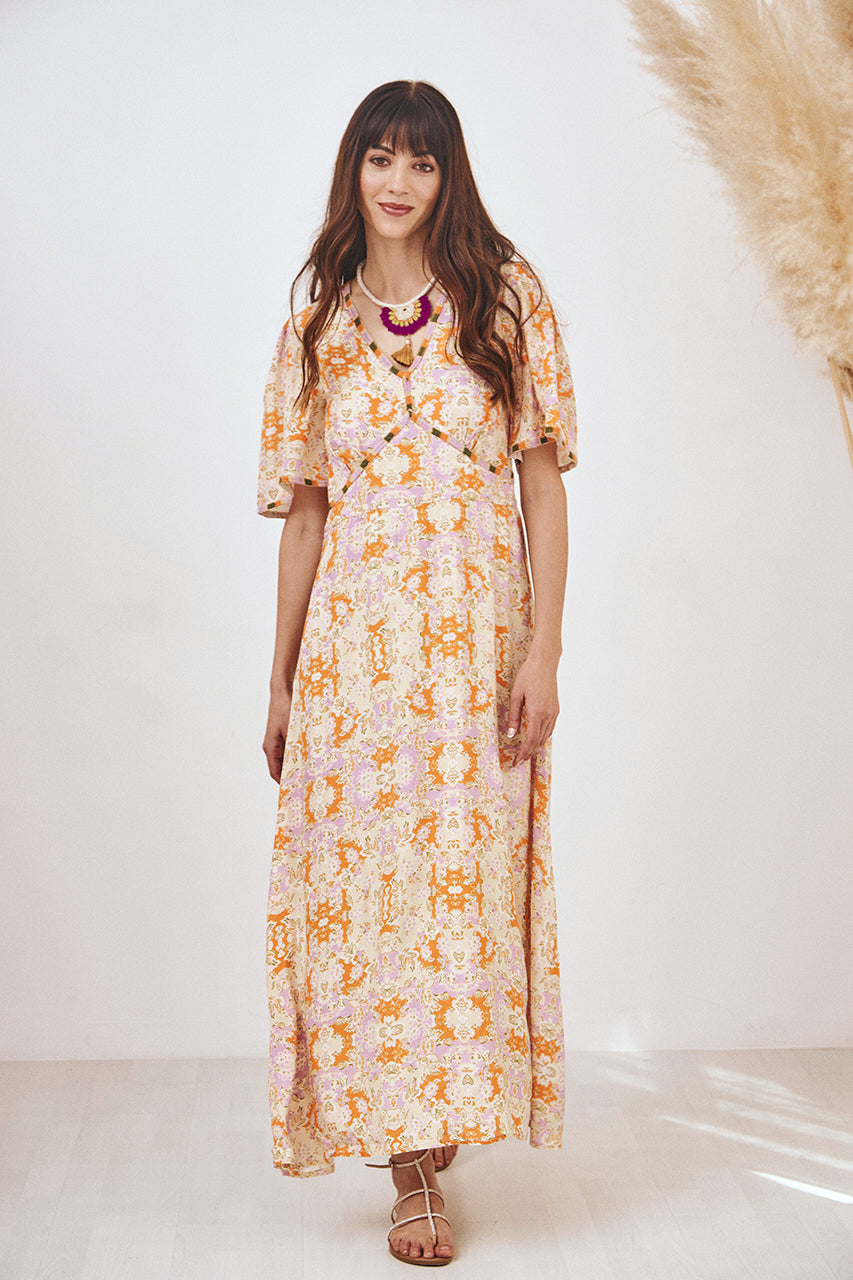 VESTIDO LARGO ESTAMPADO BORDADO PINK L - PINK