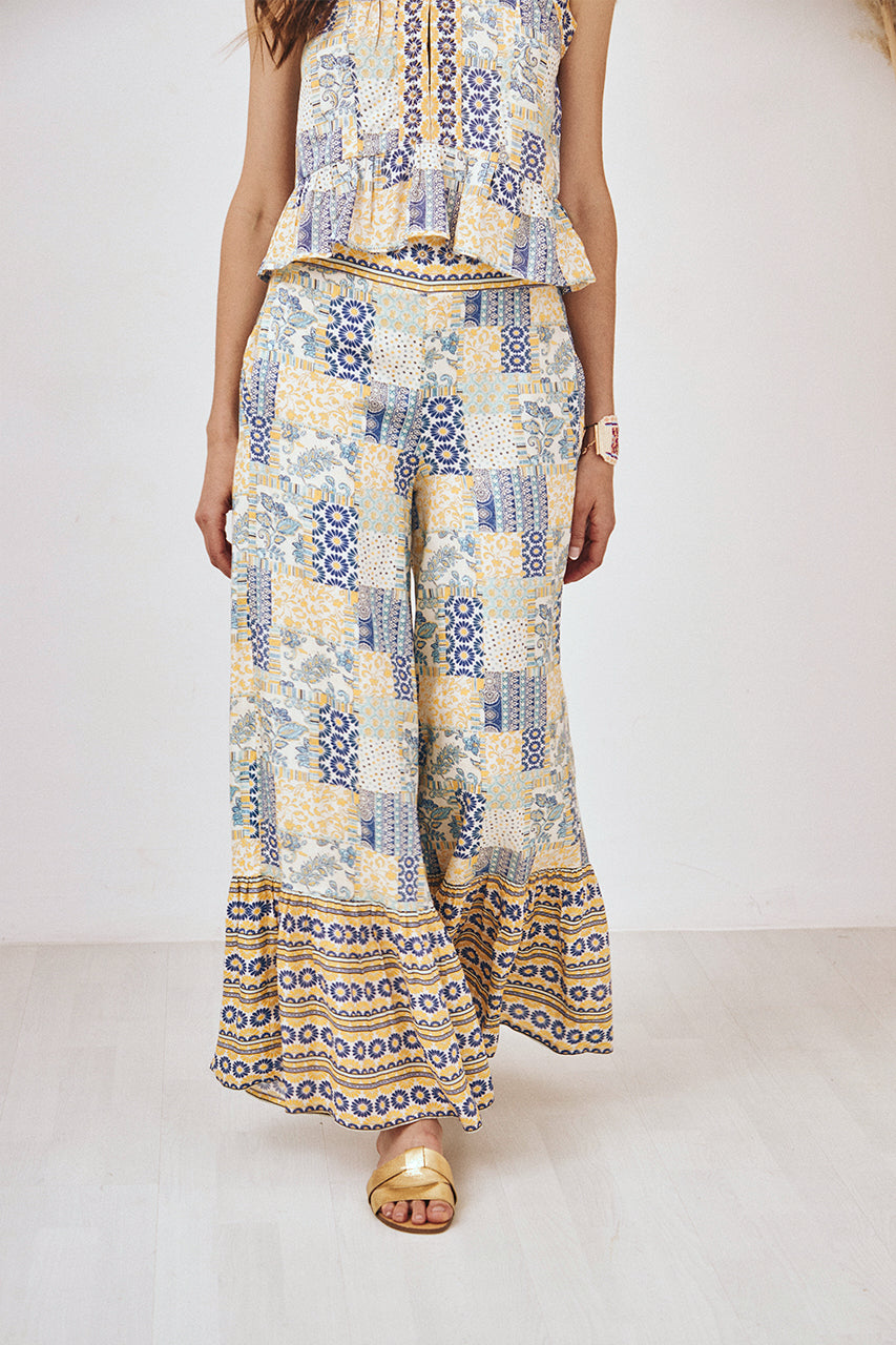 PANTALÓN FLUIDO PATCHWORK - AZUL