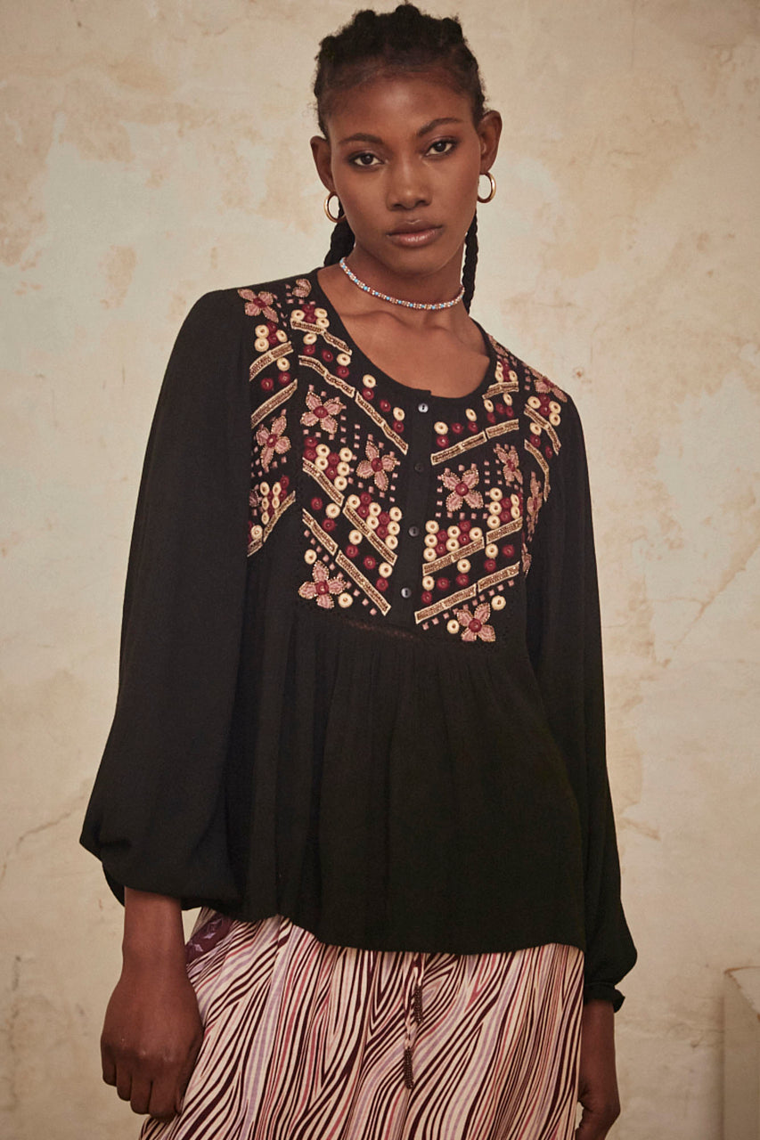 BLUSA FLUÍDA MANGA LARGA CON BORDADOS - BLACK