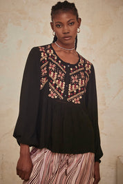 BLUSA FLUÍDA MANGA LARGA CON BORDADOS - BLACK