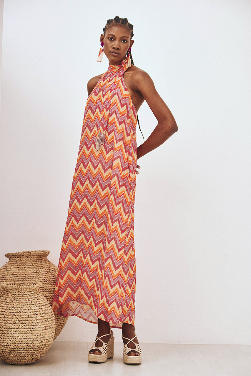 VESTIDO HALTER LARGO ESTAMPADO - ROSA