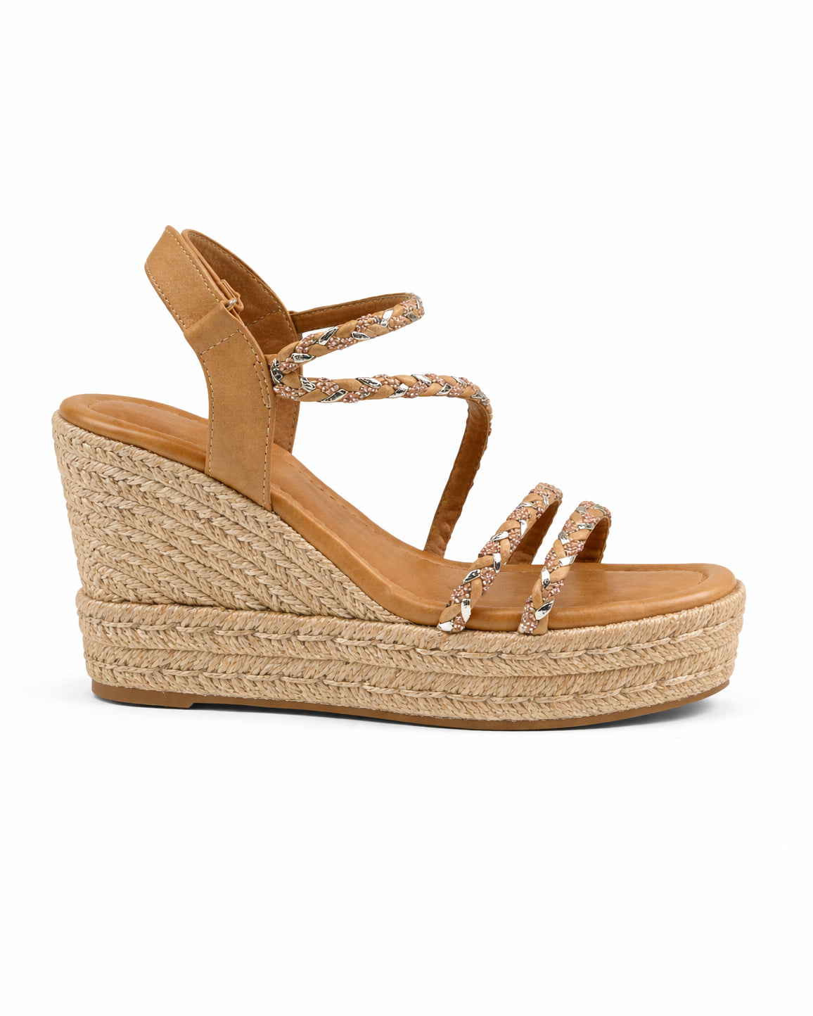 SANDALIAS CUÑAS ESPARTO TIRAS TRENZADAS STRASS - CAMEL