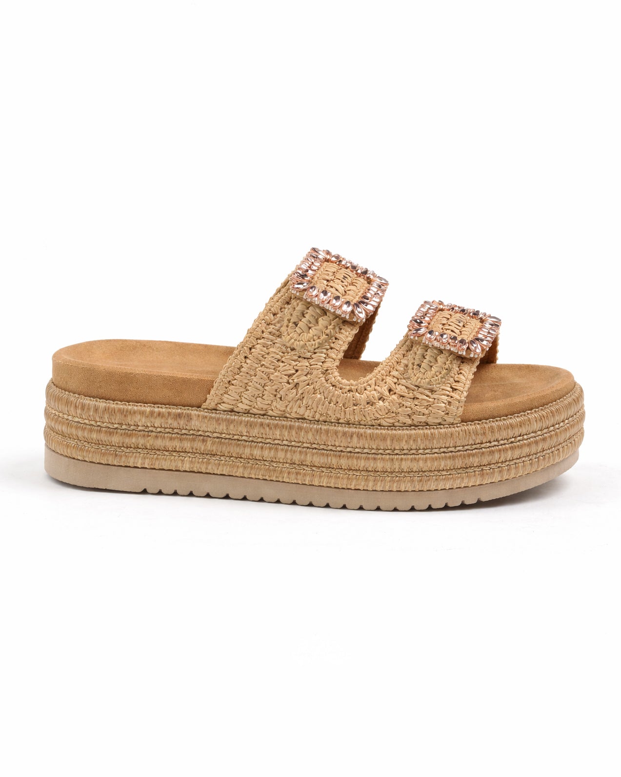 SANDALIAS DOBLE TIRA RAFIA HEBILLAS JOYA - CAMEL