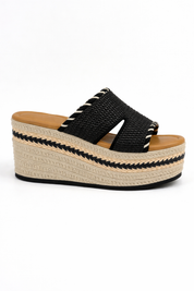 SANDALIAS PLATAFORMA RAFIA DETALLES BICOLOR  - NEGRO