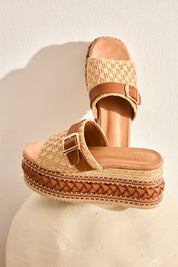 SANDALIAS PLATAFORMA RAFIA CINTA PIEL - CAMEL