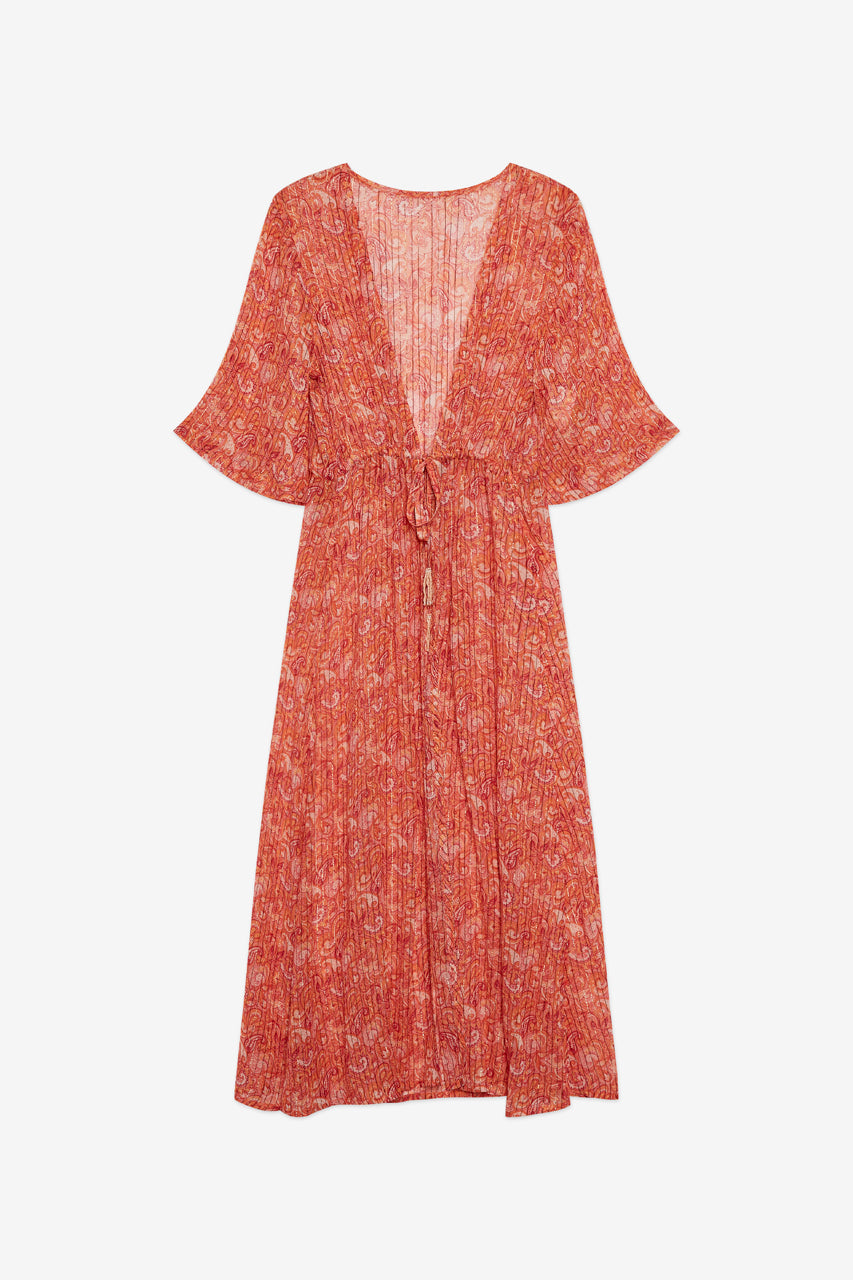 KIMONO LARGO ESTAMPADO LÚREX - CORAL
