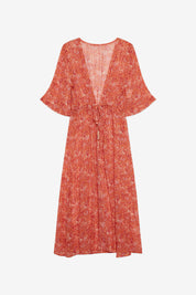 KIMONO LARGO ESTAMPADO LÚREX - CORAL