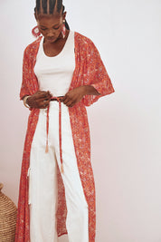 KIMONO LARGO ESTAMPADO LÚREX - CORAL