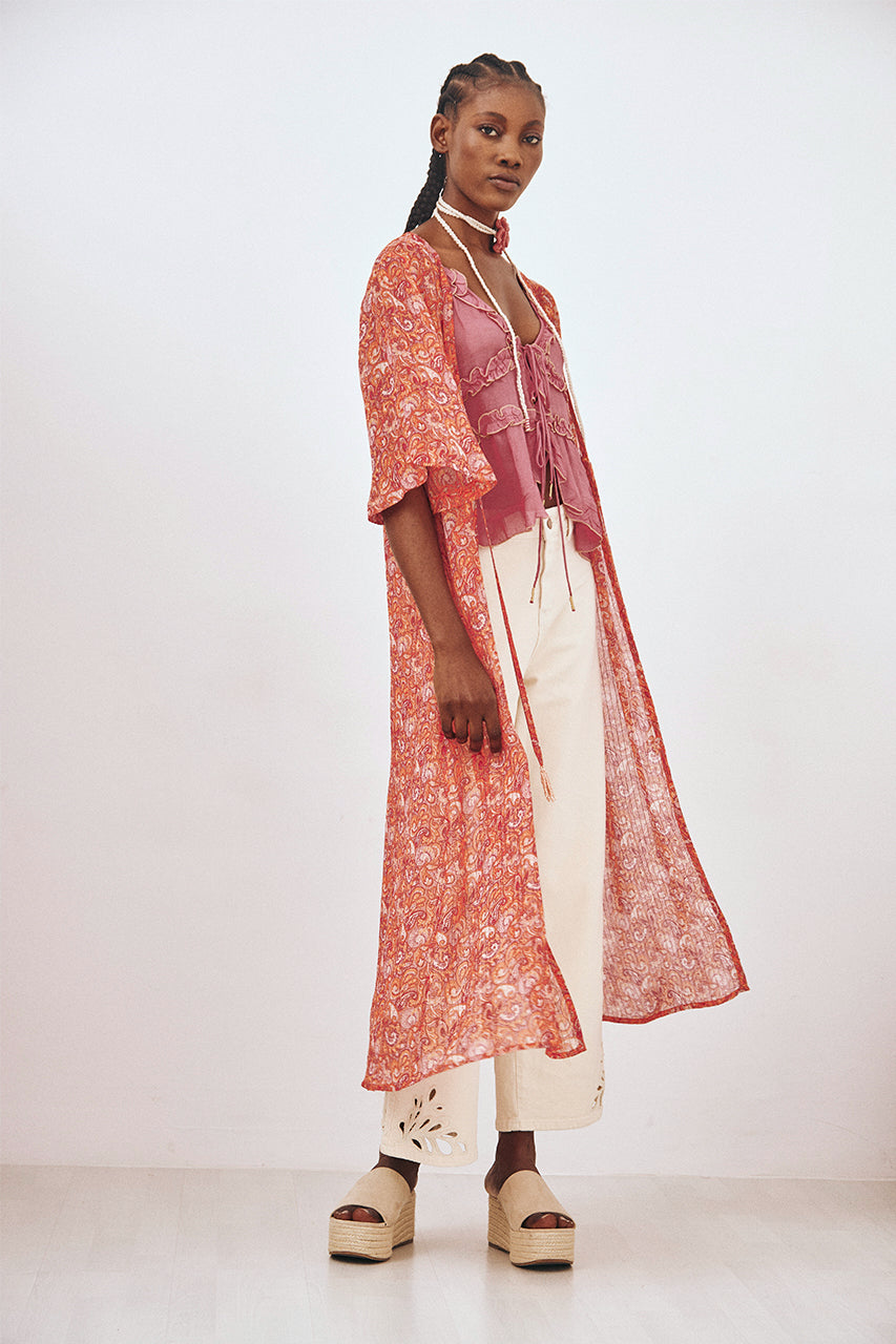 KIMONO LARGO ESTAMPADO LÚREX - CORAL