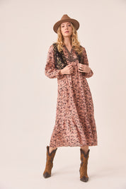 VESTIDO MIDI FLORES RETRO - PEACH