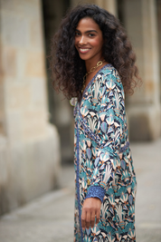 VESTIDO ESTAMPADO NATURE CINTAS BORDADAS - BLUE