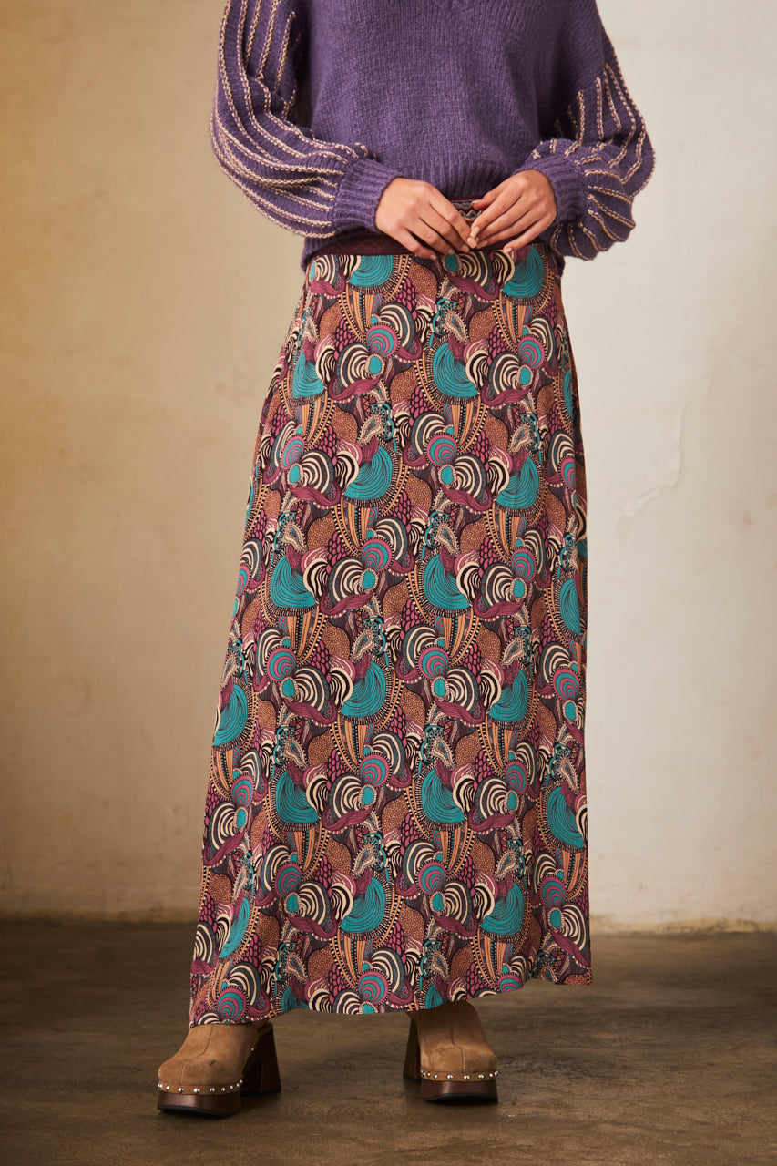 PRINTED MIDI SKIRT - WINE