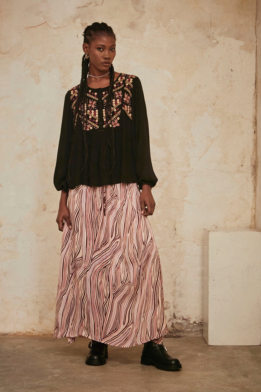 Long printed skirt with embroidery - Wine