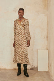 Long Sleeve Wrap Dress with Embroidery and Print - Green