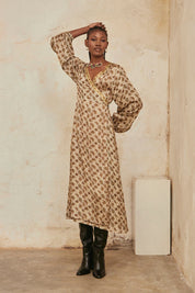 Long Sleeve Wrap Dress with Embroidery and Print - Green