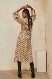 Long Sleeve Wrap Dress with Embroidery and Print - Green