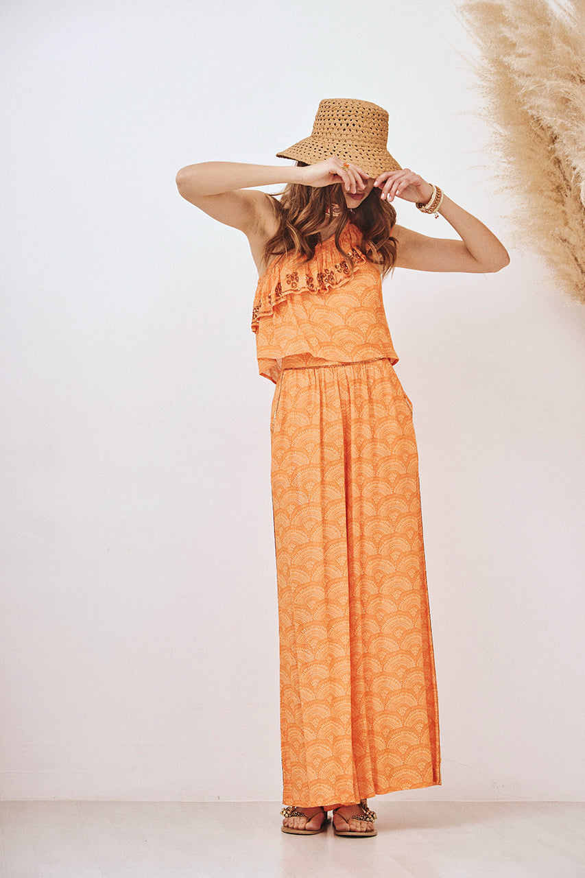 FLUID EMBROIDERED PRINT TROUSERS - PEACH