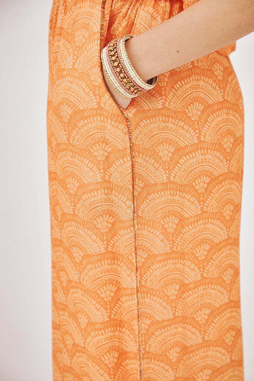 FLUID EMBROIDERED PRINT TROUSERS - PEACH