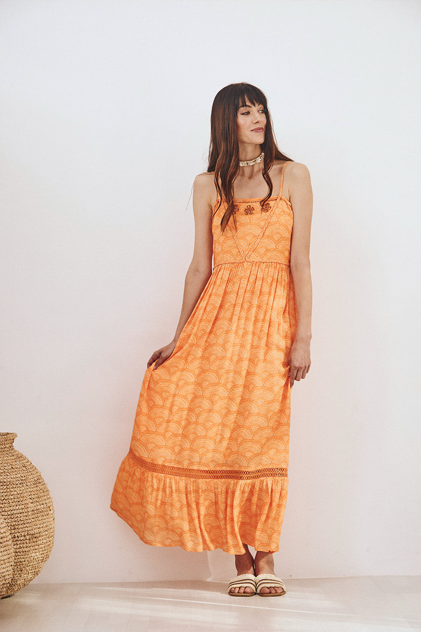 VESTIDO LARGO ESTAMPADO CON  BORDADO - PEACH