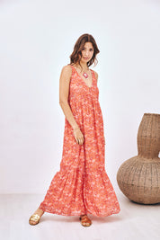LONG PRINTED STRAPPY DRESS - CORAL